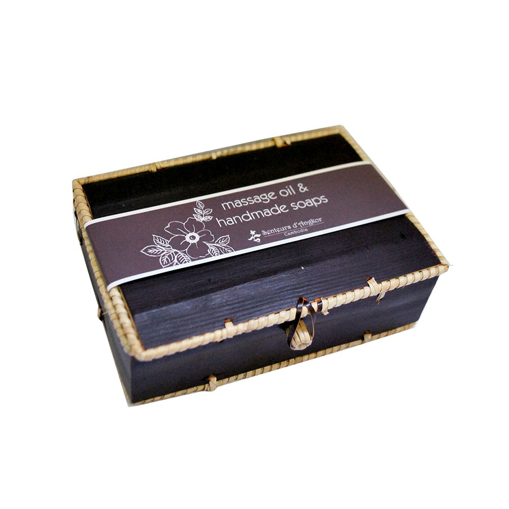 Message oil and soaps in krebei riel box, closed