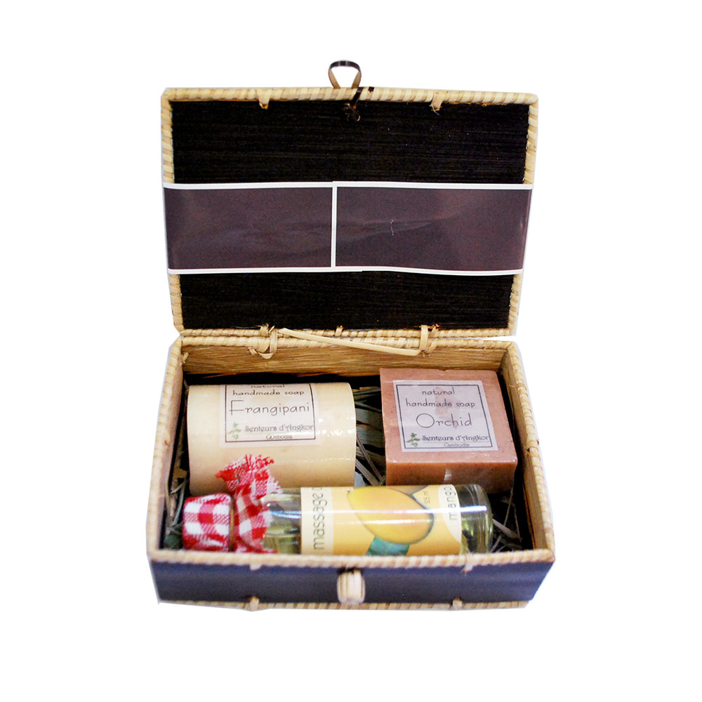 Message oil and soaps in krebei riel box, opened