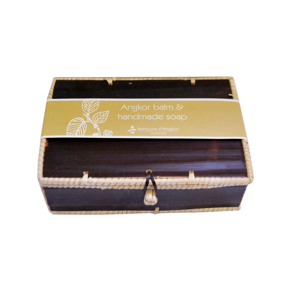 Coffret closed with Angkor balm handmade soap set open