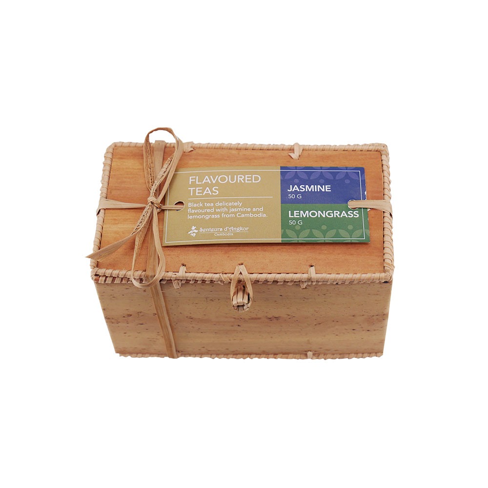 Jasmine and lemongrass tea in krebei riel box, close