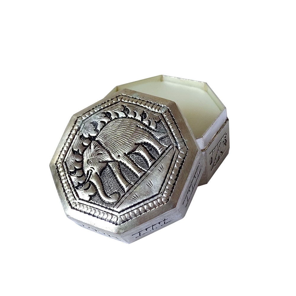Candle in silver box hexagonal, open