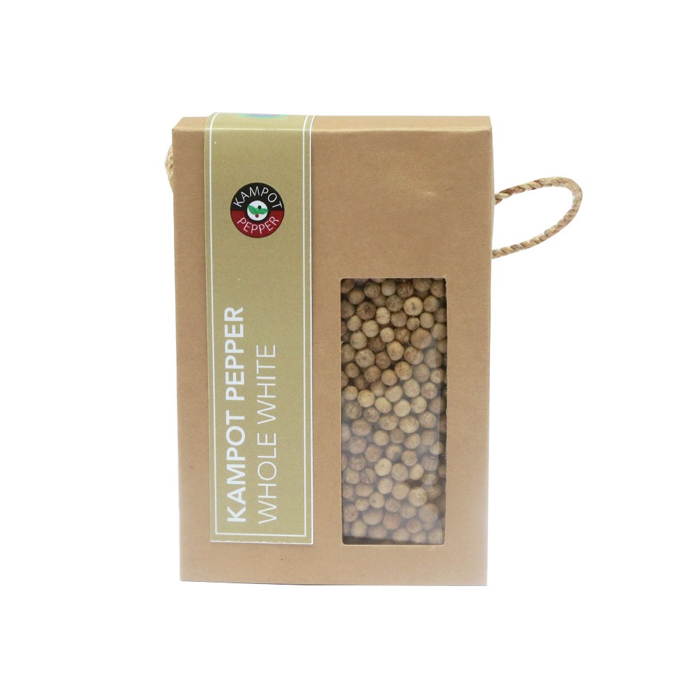 Whole white peppers in paper box