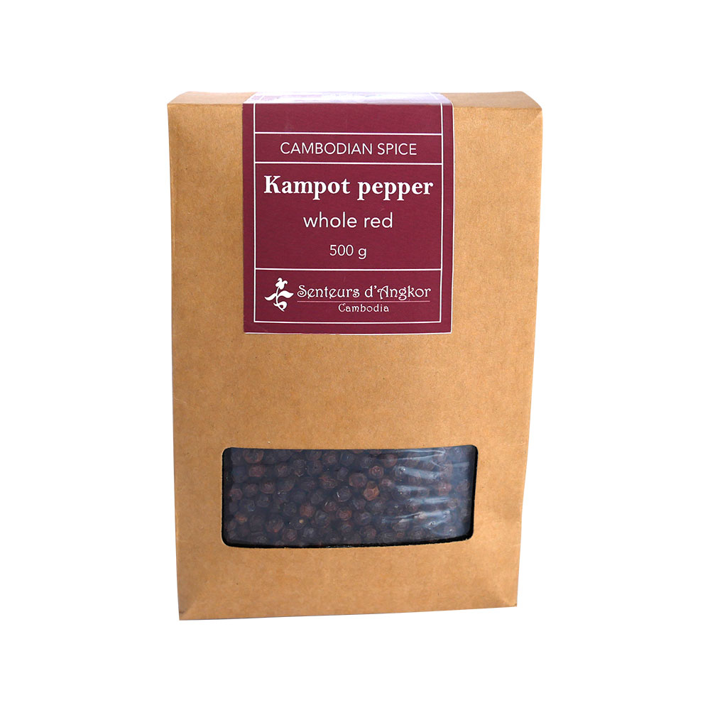 Whole red kampot pepper in paper box