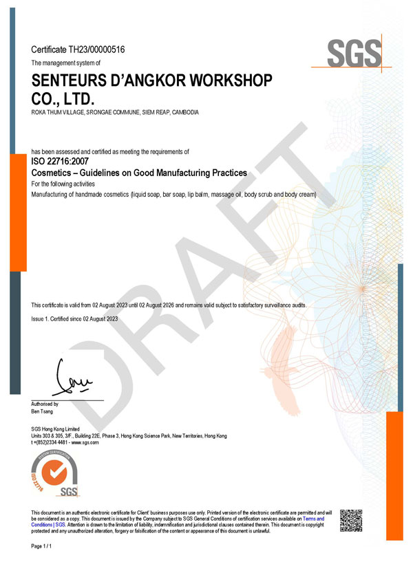 Senteurs d'Angkor iso22716 certificate